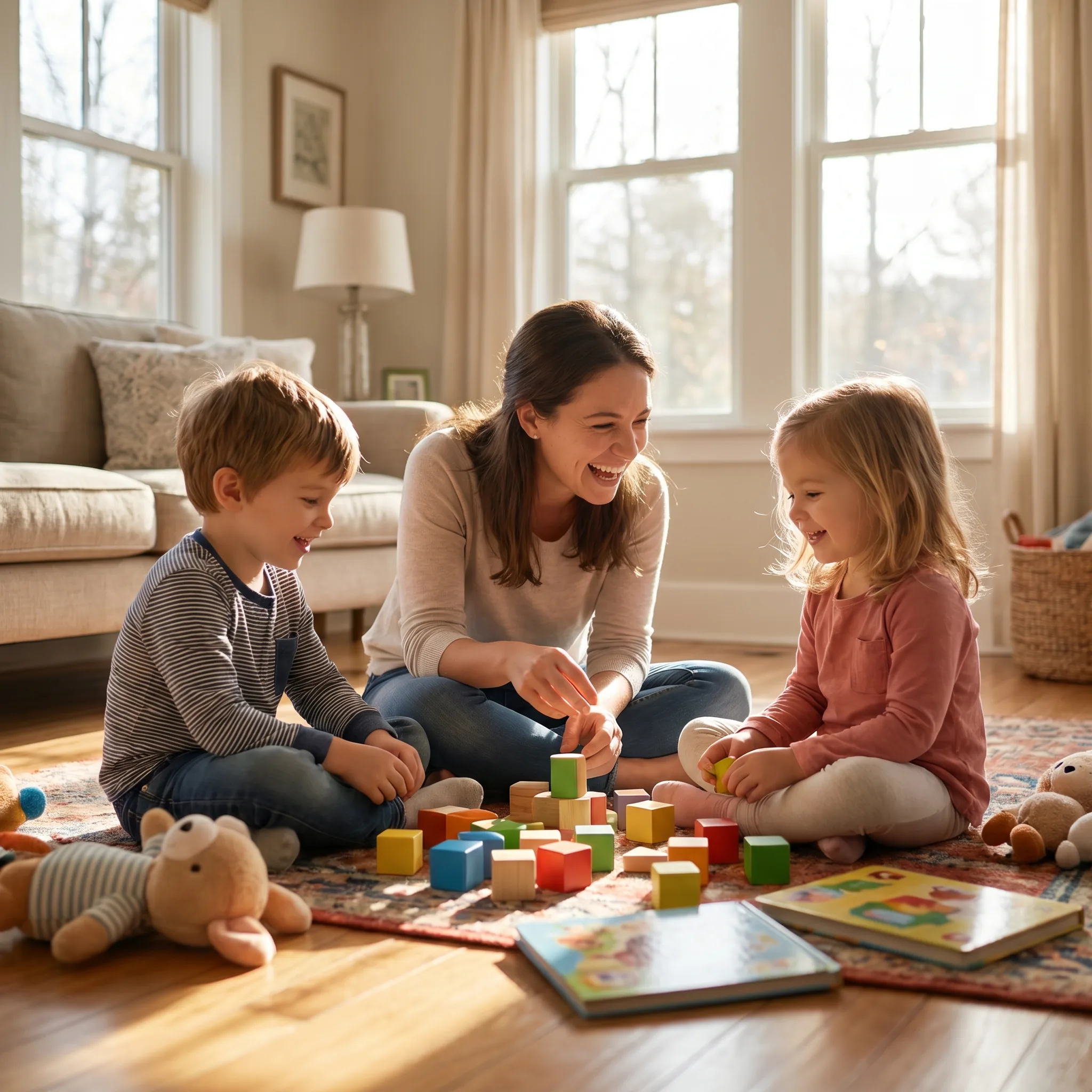 Une baby-sitter Aux Petits Soins joue avec deux enfants à la maison