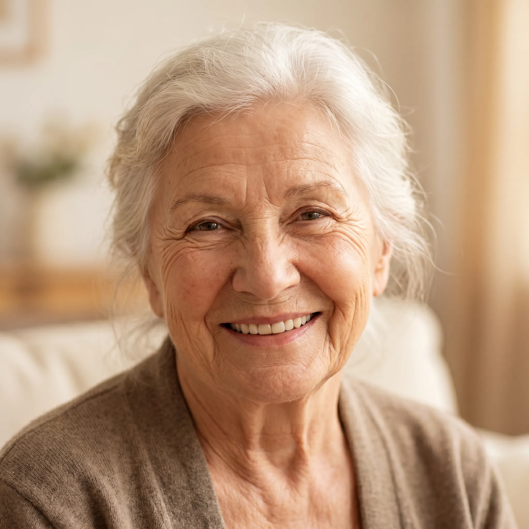 Portrait d'une dame âgée souriante, accompagnée par Aux Petits Soins.